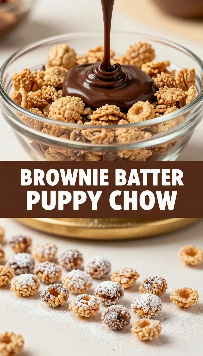 A bowl of Fall Puppy Chow made with brownie mix, surrounded by autumn leaves and small pumpkins