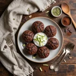 A close-up of healthy double chocolate zucchini muffins made with Greek yogurt, arranged on a wooden table.