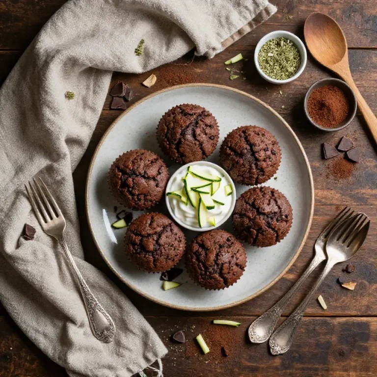 A close-up of healthy double chocolate zucchini muffins made with Greek yogurt, arranged on a wooden table.