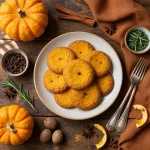 Close-up of soft pumpkin cookies topped with a tangy cream cheese glaze on a rustic plate.