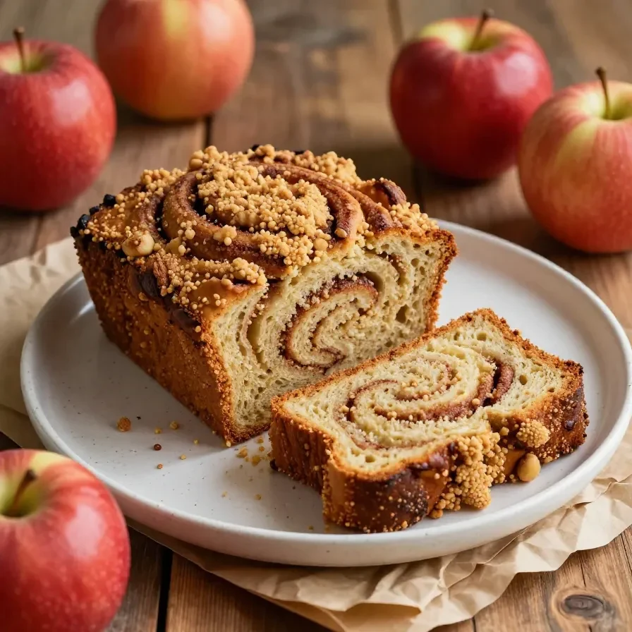 A freshly baked loaf of cinnamon apple bread with a golden crust and chunks of apple peeking through