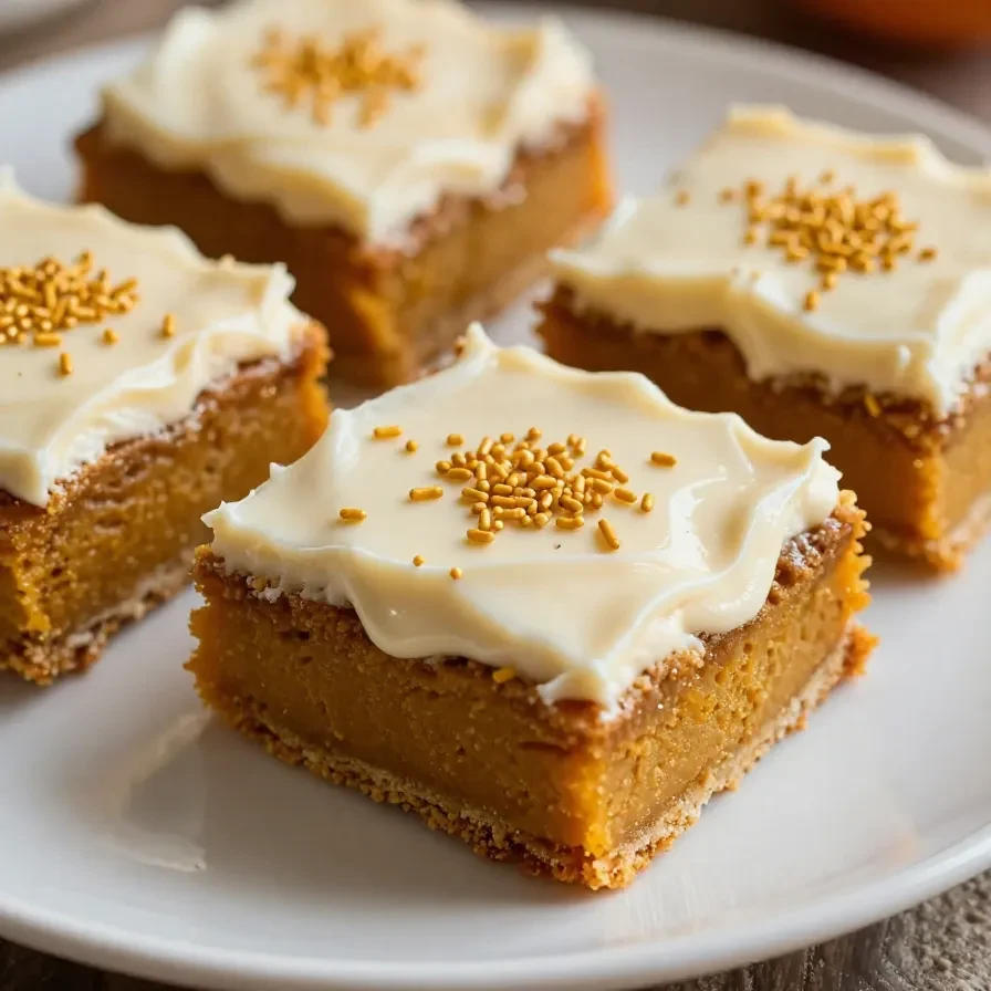 Delicious pumpkin bars topped with creamy cream cheese frosting on a rustic wooden table