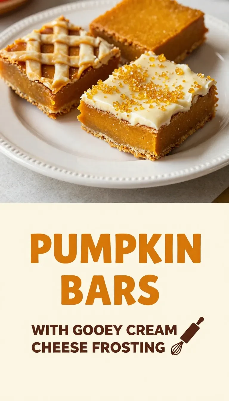 Delicious pumpkin bars topped with creamy cream cheese frosting on a rustic wooden table