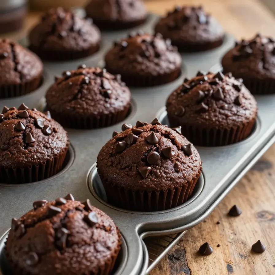 Freshly baked double chocolate zucchini muffins on a cooling rack