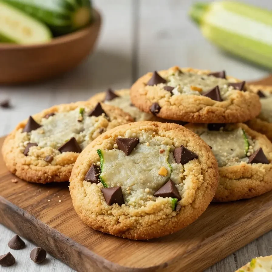 A plate of soft and chewy zucchini chocolate chip cookies, freshly baked and golden brown
