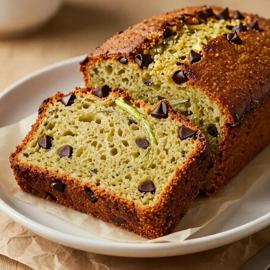 A freshly baked loaf of gluten-free zucchini bread on a wooden cutting board