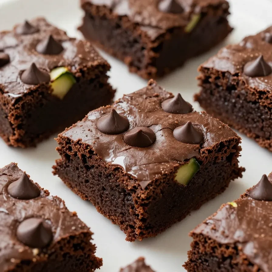 Delicious zucchini brownies topped with chocolate frosting on a wooden table