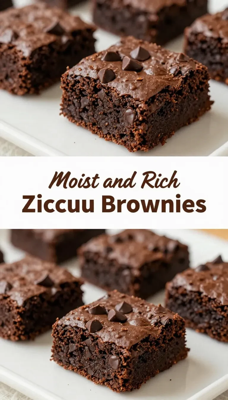 Delicious zucchini brownies topped with chocolate frosting on a wooden table