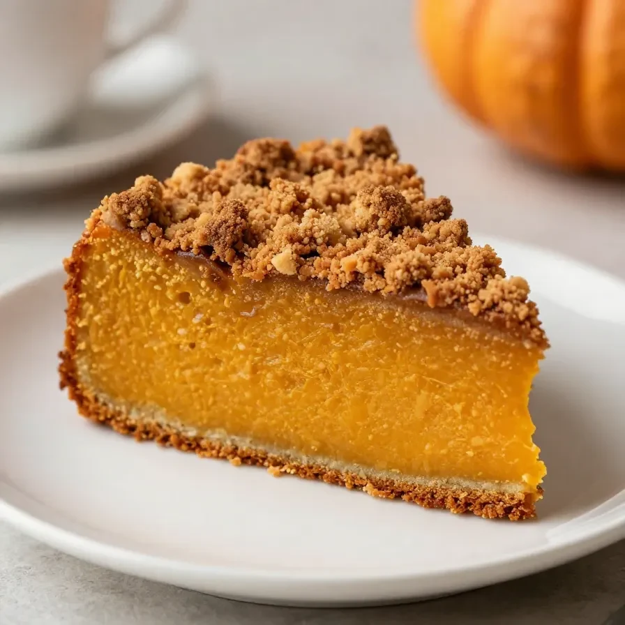 A slice of pumpkin coffee cake topped with cream cheese frosting on a wooden table