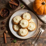 A plate of soft pumpkin cookies topped with creamy white frosting, garnished with a sprinkle of cinnamon.