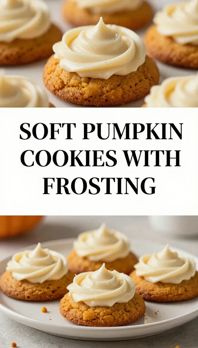 A plate of soft pumpkin cookies topped with creamy white frosting, garnished with a sprinkle of cinnamon.