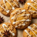 A plate of pumpkin coffee cake cookies with a sprinkle of cinnamon on top