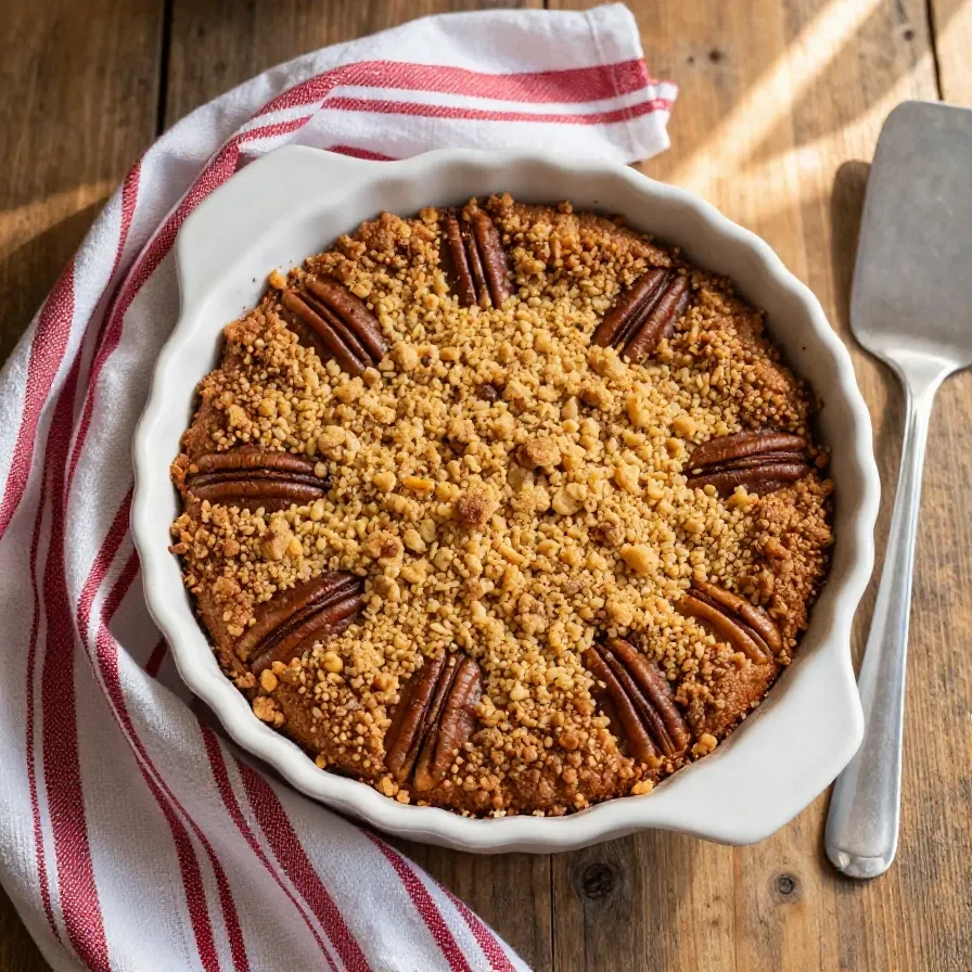 A delicious slice of pumpkin pecan coffee cake on a rustic wooden table
