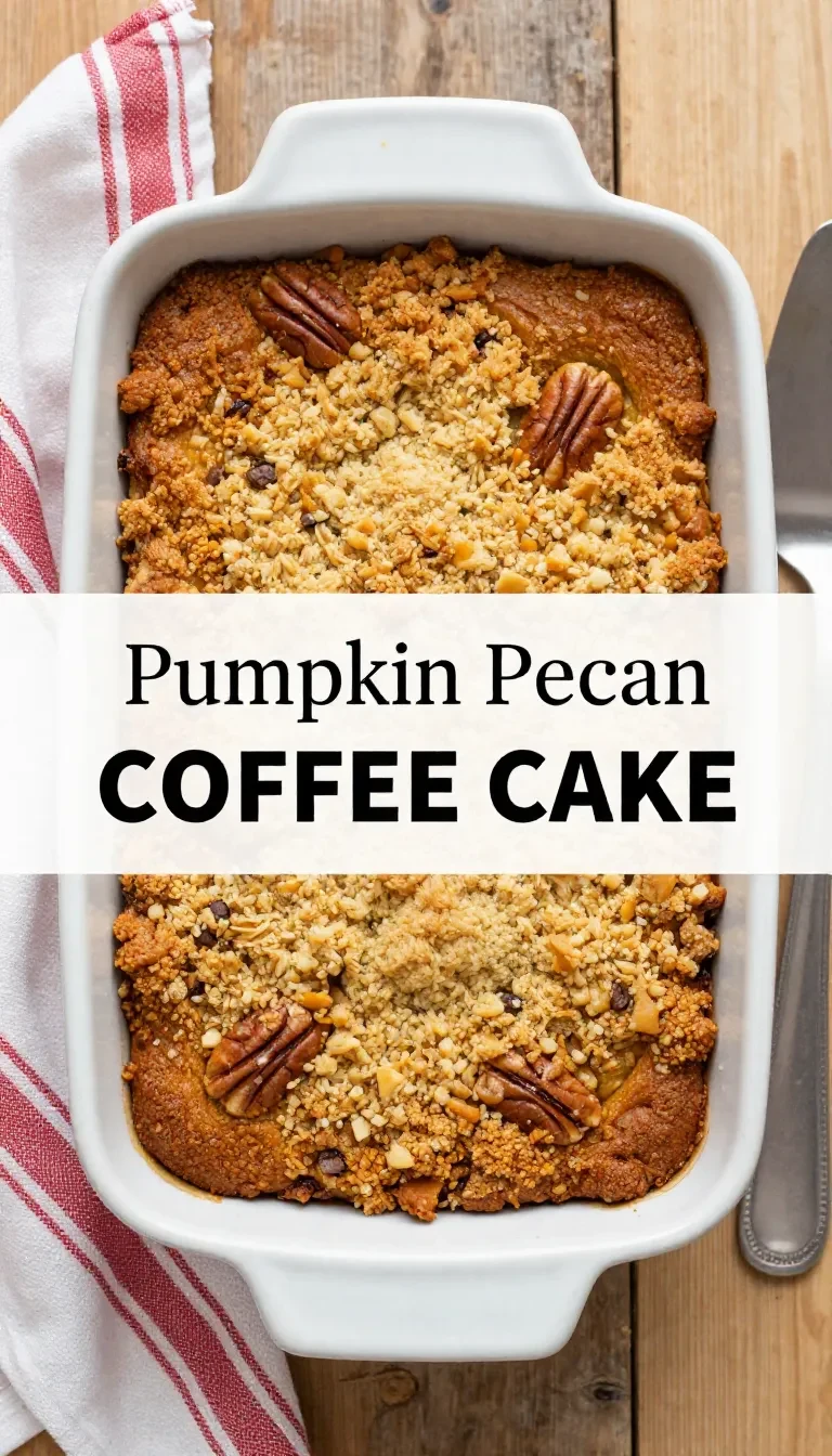 A delicious slice of pumpkin pecan coffee cake on a rustic wooden table