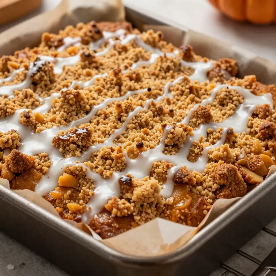 A slice of Cinnamon Streusel Pumpkin Coffee Cake on a white plate with a fork