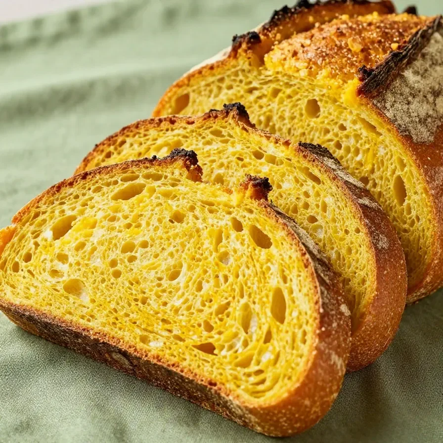 Freshly baked pumpkin sourdough bread on a wooden cutting board