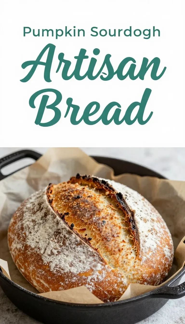 A freshly baked pumpkin sourdough artisan bread loaf on a wooden cutting board