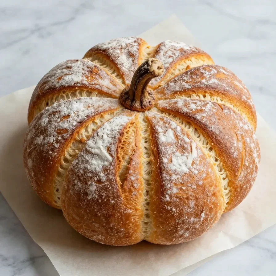 Freshly baked pumpkin shaped sourdough bread on a wooden table