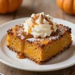 A warm slice of pumpkin bread pudding topped with whipped cream and a sprinkle of cinnamon.
