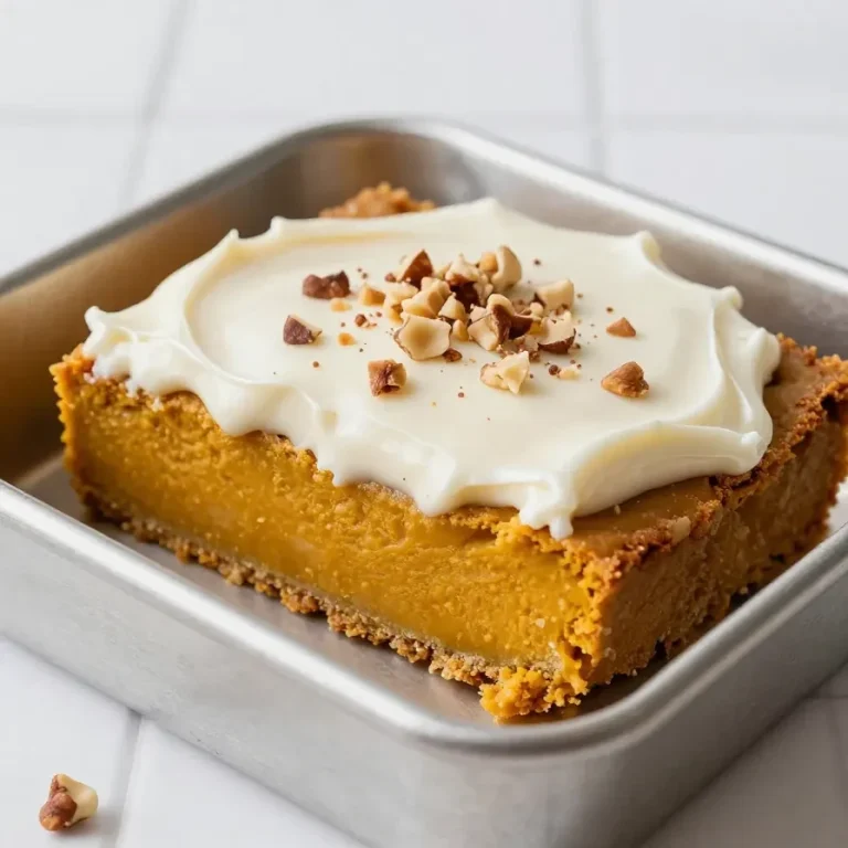 Delicious pumpkin bars topped with creamy cream cheese frosting on a wooden table