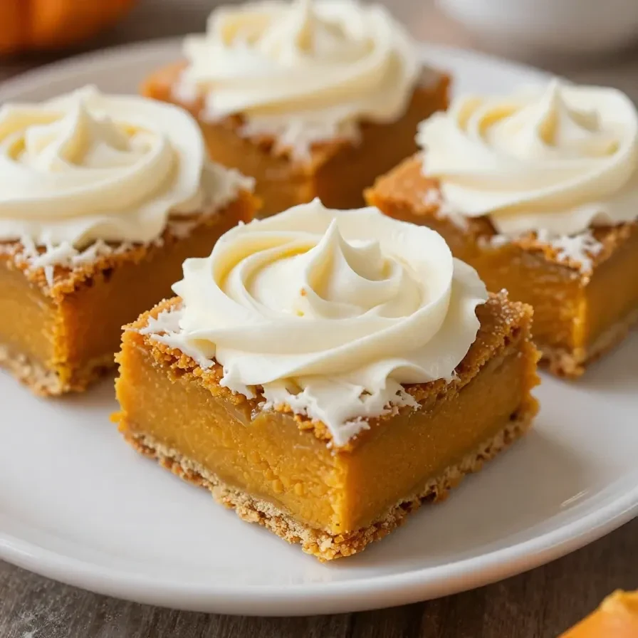 Delicious pumpkin bars topped with cream cheese frosting on a wooden table