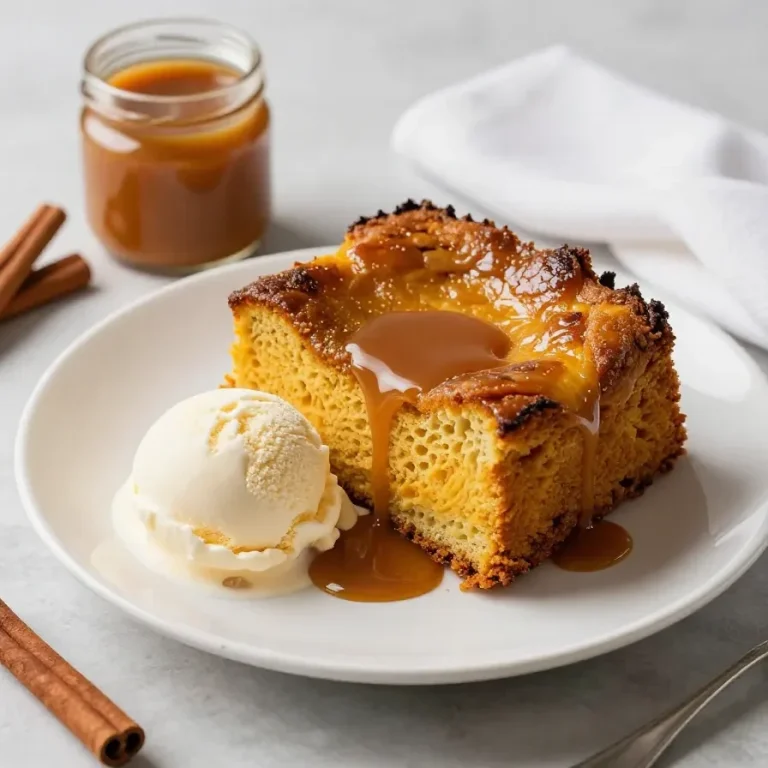 A warm slice of pumpkin bread pudding topped with whipped cream and a sprinkle of cinnamon