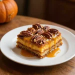 A warm serving of pumpkin praline bread pudding topped with whipped cream and pecans.