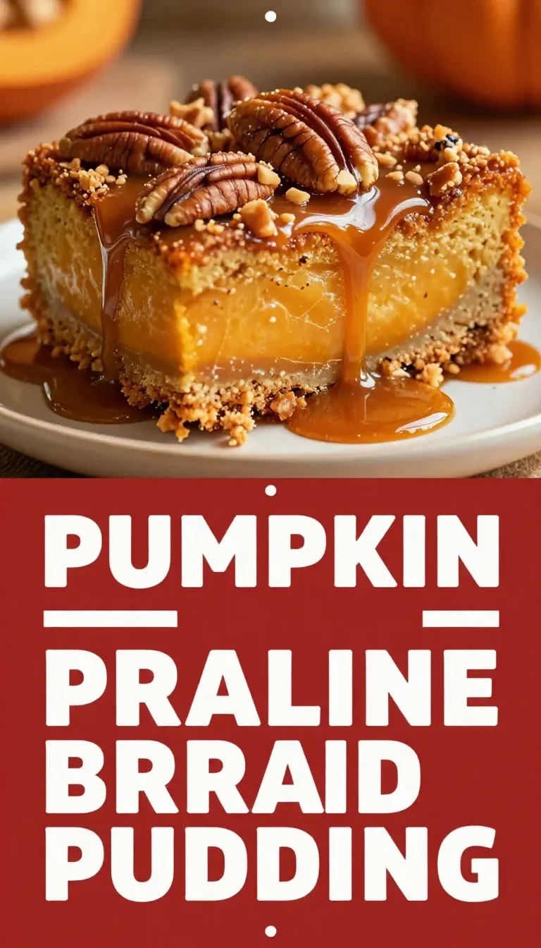 A warm serving of pumpkin praline bread pudding topped with whipped cream and pecans.