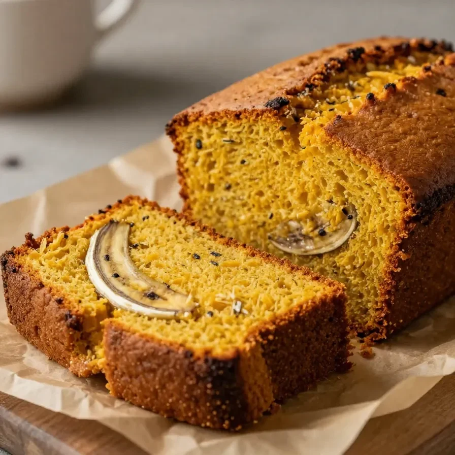A freshly baked loaf of pumpkin banana bread on a wooden cutting board.