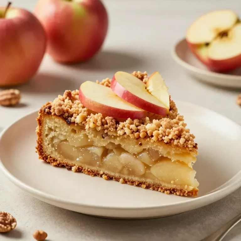 A slice of vegan apple cake topped with a sprinkle of cinnamon and fresh apple slices on a wooden table