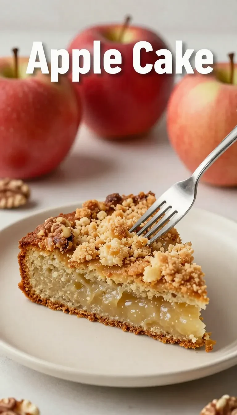 A slice of vegan apple cake topped with a sprinkle of cinnamon and fresh apple slices on a wooden table