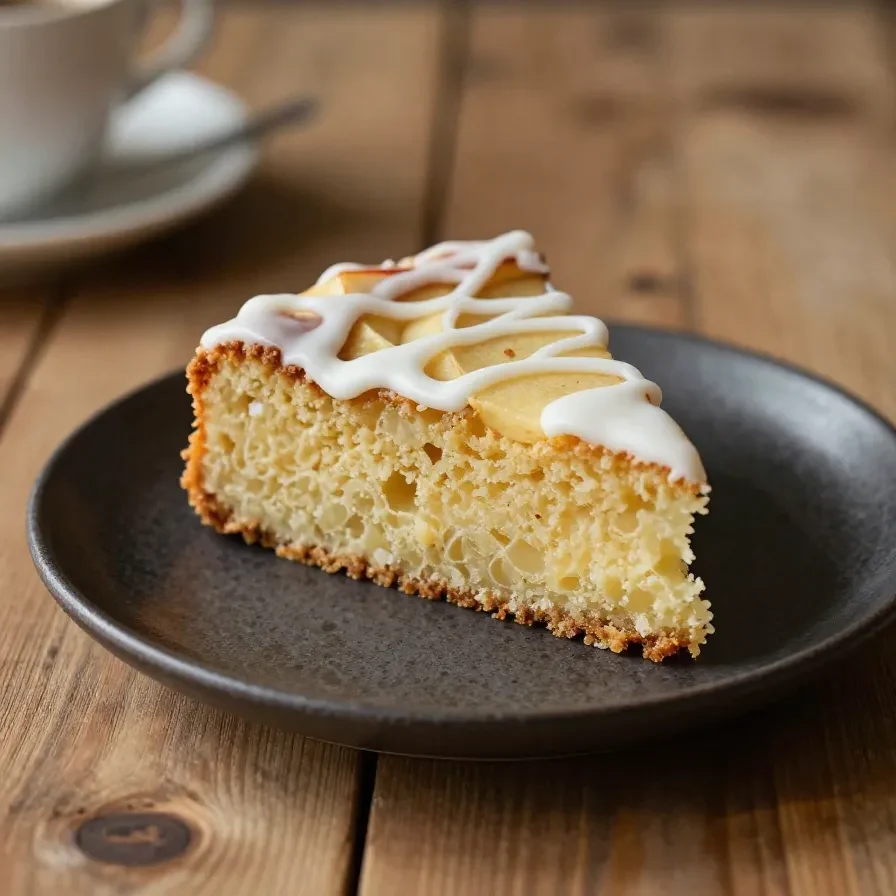 A freshly baked Mary Berry apple and sultana cake on a wooden table