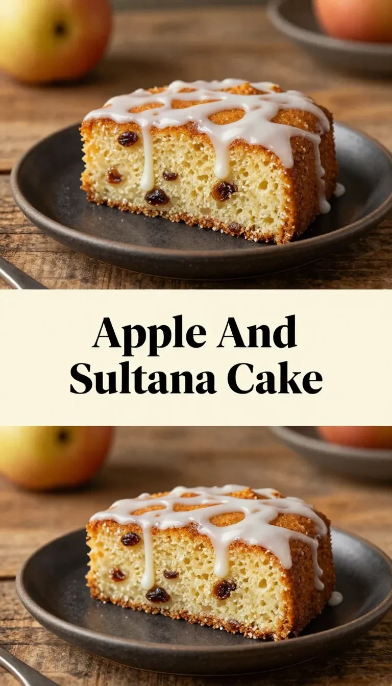 A freshly baked Mary Berry apple and sultana cake on a wooden table