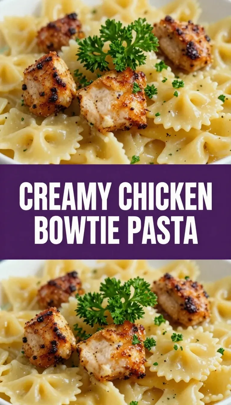 A delicious bowl of creamy chicken bowtie pasta garnished with parsley
