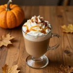 A steaming cup of pumpkin spice latte topped with whipped cream and a sprinkle of cinnamon
